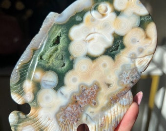 Adorable 8th Vein Orbicular Ocean Jasper Fish Carving With Green