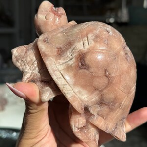 May include: A pink and white carved turtle figurine made of selenite crystal. The turtle is facing upwards with its head tilted back.
