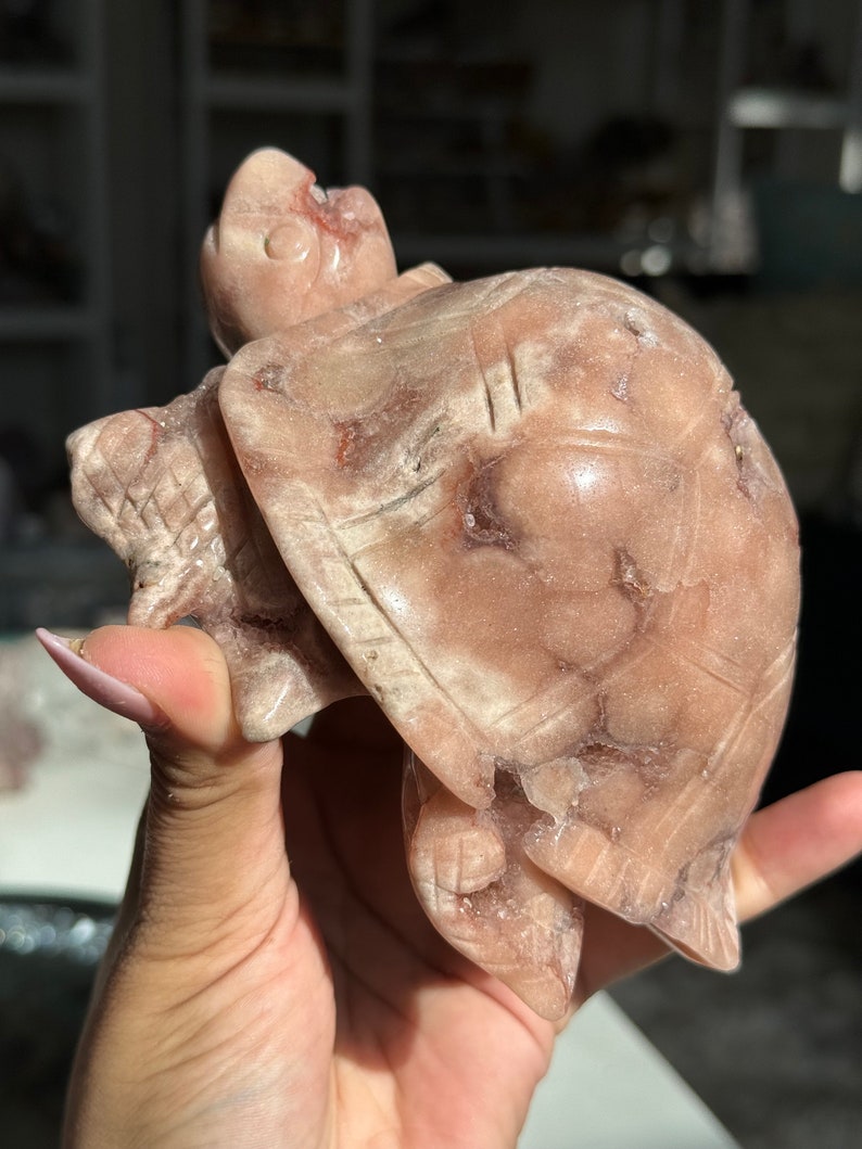May include: A pink and white carved turtle figurine made of selenite crystal. The turtle is facing upwards with its head tilted back.