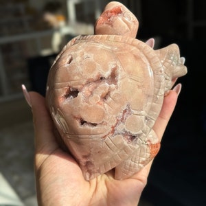 May include: A carved pink and red agate turtle figurine. The turtle is carved in a detailed style with a textured shell and a raised head.