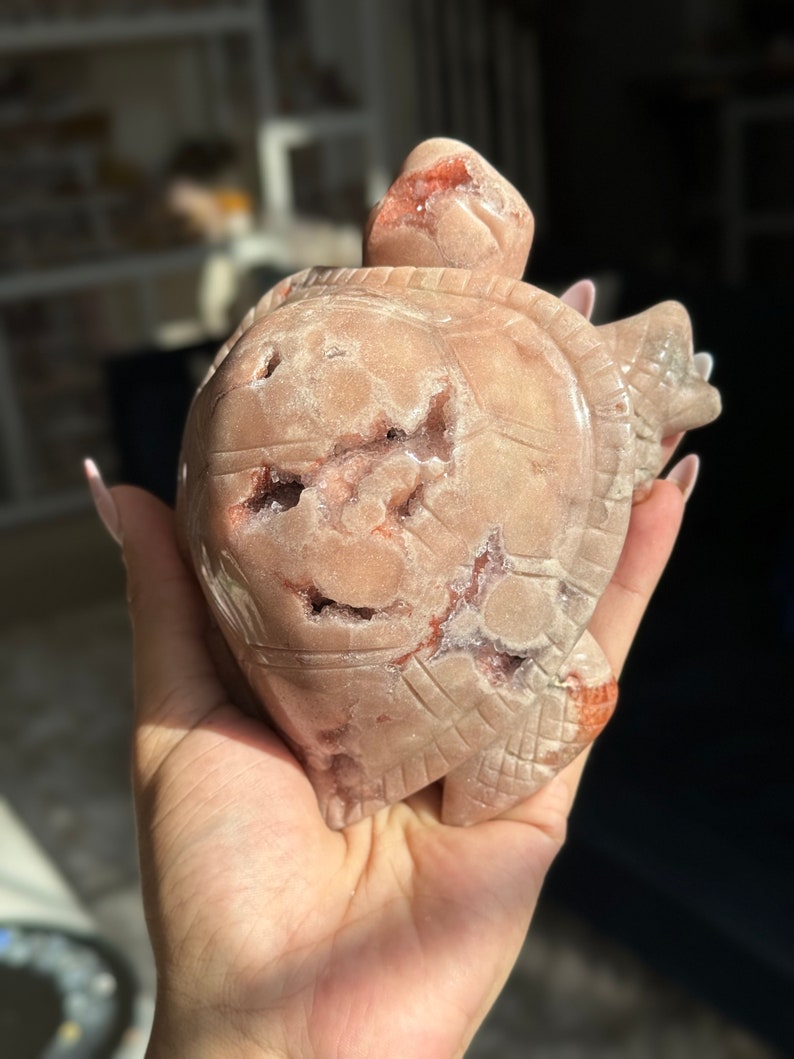 May include: A carved pink and red agate turtle figurine. The turtle is carved in a detailed style with a textured shell and a raised head.