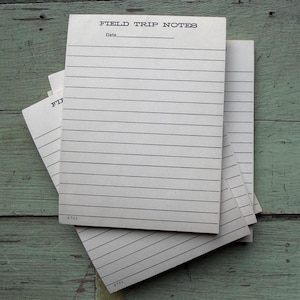 May include: A stack of off-white field trip note pads with horizontal black lines and the text "FIELD TRIP NOTES" at the top. Each pad has a space for the date. The pads are stacked on a light green wooden surface.