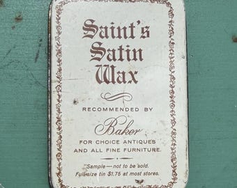 Vintage Saint’s Satin Wax Tin with Original Wax | Made in England for Baker Furniture Inc.| Furniture Polish Tin | Rustic Primitive Storage