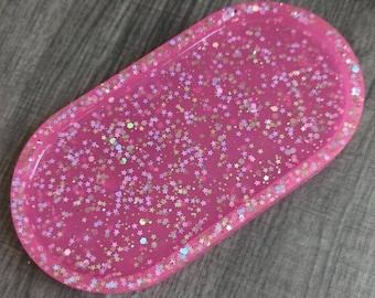 Pink Star Glitter Trinket Tray | Celestial Housewarming Gift | Handmade Jewelry Holder | Resin Trinket Dish