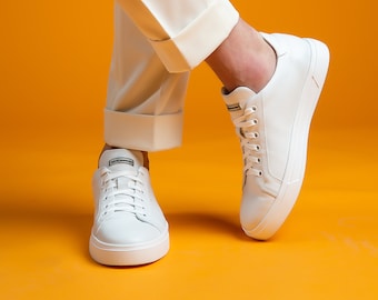 Zapatillas blancas de cuero para hombre, calzado minimalista hecho a mano, de cuero auténtico.