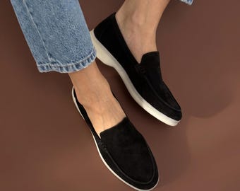 Black Suede Slip On Loafers Women, Lightweight Casual Flats, Handmade Leather Everyday Shoes