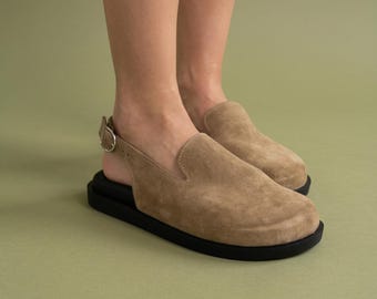 Sand Beige Suede, Wide Toe Box Mules, Comfortable Slip On Shoes, Orthopedic Footbed Clogs, Minimalist Everyday Shoes