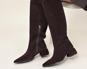 Botas altas de ante marrón para mujer, botas altas hechas a mano, botas de montar, botas con forro cálido, botas minimalistas de cuero, botas de otoño e invierno.