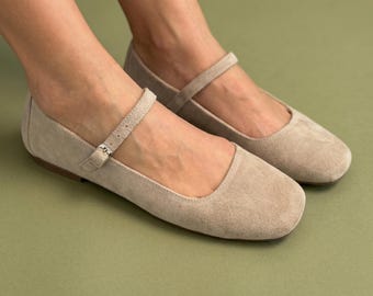 Beige Suede Square Toe Mary Jane Flats, Minimalist Work Ballet Shoes