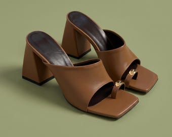 Handmade Leather Toe Ring Mule Heels, Square Toe Block Heel Sandals
