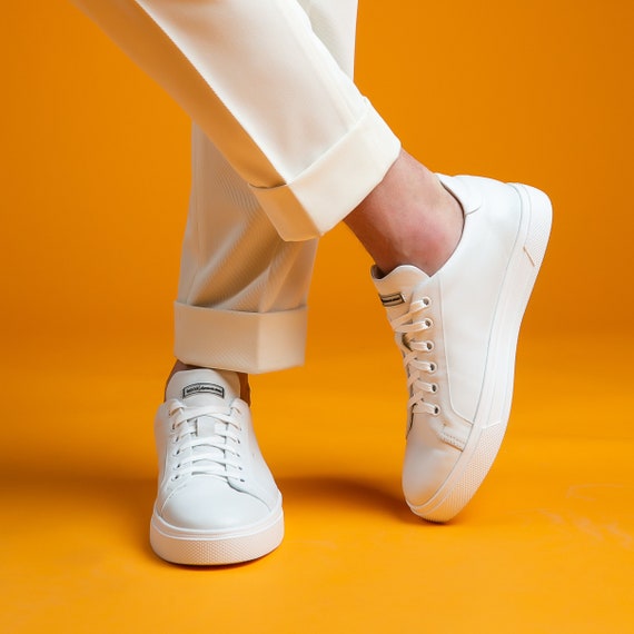 Men's White Leather Sneakers, Handmade Minimalist Trainers, Genuine Leather Footwear