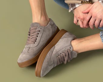 Grey Suede Sneakers Women, Minimalist Leather Lined Trainers, Handmade Casual Shoes, Neutral Everyday Sneakers
