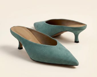 Green Suede Mules Women's Pointed Toe Kitten Heel Shoes (Handmade)
