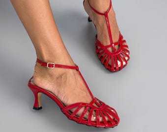 Red Patent Leather Cage Sandals, Handmade T-Strap Heels, Elegant Party Shoes