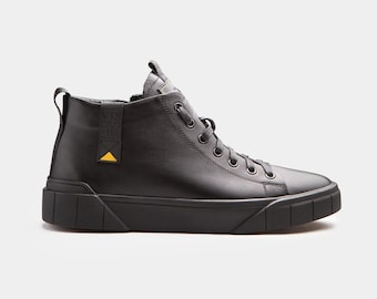 Handmade Mens Black Leather Sneaker Boots, Casual High Tops