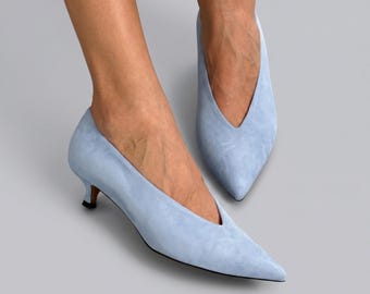 Light Blue Suede Kitten Heel Pumps, Elegant Pointed Toe Dress Shoes