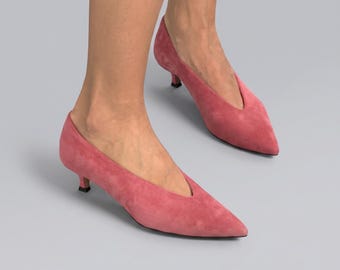Pink Suede Kitten Heel Pumps, Pointed Toe Dress Shoes, Elegant Low Heel Office Shoes for Women