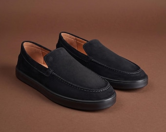 Svarta mockaloafers för män, slip-on-skor, handgjorda italienska mockaloafers, bekväma vardagsskor