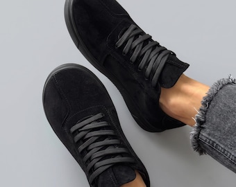 Black Suede Wide Toe Box Sneakers, Women's Minimalist Leather Shoes, Handmade Comfortable Everyday Sneakers