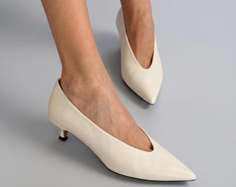 Ivory Leather Kitten Heels, Pointed Toe Pumps, Handmade Wedding Shoes