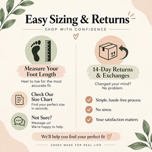 Op de afbeelding: Een informatieve afbeelding met de titel Easy Sizing & Returns. Het bevat iconen voor het meten van voetlengte, het controleren van een maattabel en contact opnemen. Rechts staat een 14-dagen retour- en ruilbeleid met vinkjes.