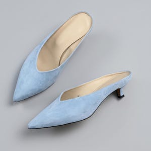 Blue Suede Mules Women, Pointed Toe Mules, Kitten Heel Mules, Backless Heels, Slip On Shoes, Handmade Leather Shoes