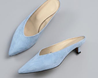 Blue Suede Mules Women, Pointed Toe Mules, Kitten Heel Mules, Backless Heels, Slip On Shoes, Handmade Leather Shoes