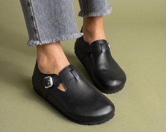 Black Anatomical Mary Jane Flats, Wide Toe Leather Shoes, Cork Footbed Comfort Flats, Supportive Everyday Work Shoes