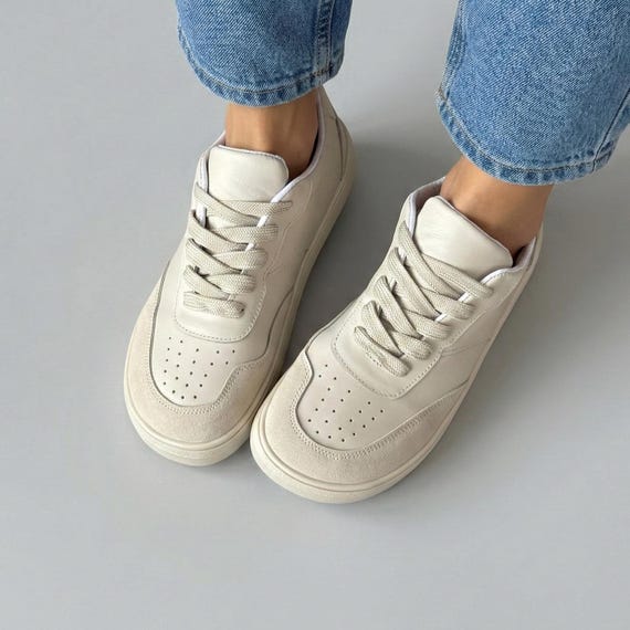 Beige Leather Sneakers Women Handmade, Minimalist Casual Trainers, Lightweight Comfortable Everyday Shoes