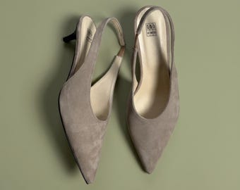 Minimalist Slingback Heels Women, Beige Suede Pumps, Pointed Toe Shoes, Comfortable Kitten Heels, Handmade Leather Lined Footwear
