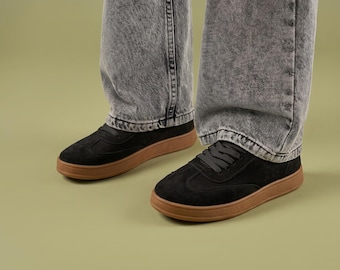 Black Suede Sneakers Women, Minimalist Leather Trainers, Handmade Low Top Shoes, Casual Everyday Sneakers