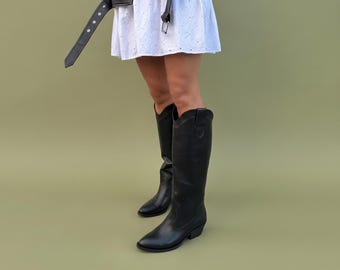 Botas vaqueras de cuero negro, botas vaqueras altas hasta la rodilla para mujer, botas vaqueras de punta, botas altas hechas a mano.