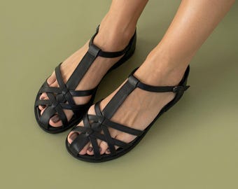 Sandalias negras de cuero para mujer, sandalias planas con tiras, zapatos minimalistas de verano, sandalias de cuero cómodas para el día a día.