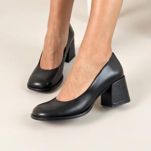 Handmade Genuine Leather Block Heels, Wide Fit Round Toe Pumps