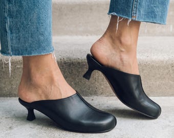 Black Leather Heeled Mules, Minimalist Square Toe Shoes, Handmade Women's Summer Footwear