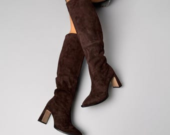 Brown Suede Knee High Boots for Women, Pointed Toe Heeled Boots, Tall Suede Boots, Handmade Fall Boots, Elegant Leather Boots