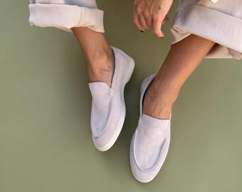Handmade Beige Suede Loafers, Women's Lightweight Slip On Shoes, Minimalist Casual Flats