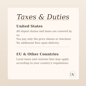 May include: A cream-colored graphic with the text "Taxes & Duties." Details on import duties for the United States and other countries are provided. The DV logo is in the bottom right corner.