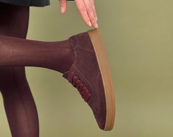 Burgundy Suede Sneakers Women, Handmade Retro Leather Trainers, Casual Low Top Shoes, Everyday Minimalist Sneakers