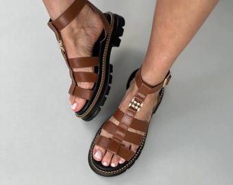 Brown Leather Gladiator Sandals, Chunky Platform Strappy Sandals, Comfortable Casual Summer Shoes