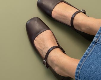 Brown Leather Square Toe Mary Jane Flats, Minimalist Work Ballet Shoes