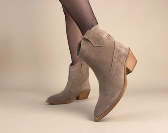 Women’s Beige Suede Western Ankle Boots, Cowboy Boots Women, Pointed Toe Boots, Handmade Suede Ankle Boots