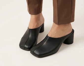 Black Leather Mules, Square Toe Heeled Slip On Shoes, Elegant Minimalist Summer Heels