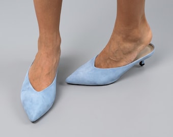 Blue Kitten Heel Mules, Pointed Toe Heels, Wedding Guest Shoes, Suede Mule Heels, Elegant Dress Shoes