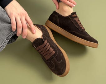 Brown Suede Sneakers Women, Retro Leather Trainers, Handmade Casual Low Top Shoes, Everyday Suede Sneakers