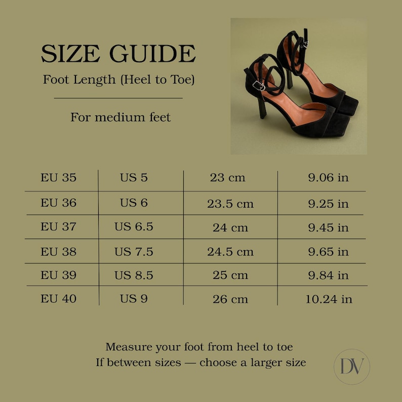 May include: Black heeled sandals with ankle straps are displayed next to a size guide. The guide shows foot length in inches and centimeters, with corresponding EU and US shoe sizes. The text reads "SIZE GUIDE" and "Foot Length (Heel to Toe)".