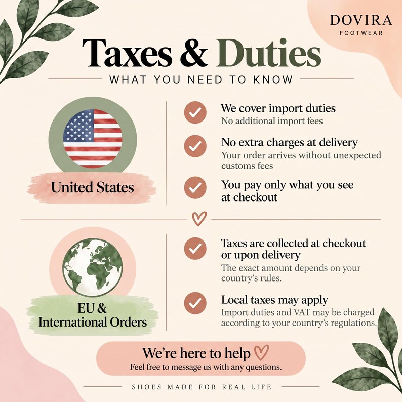 Op de afbeelding: Een informatieve afbeelding getiteld Taxes & Duties van Dovira Footwear. Het beschrijft het beleid voor bestellingen in de Verenigde Staten met een Amerikaanse vlag en voor EU- en internationale bestellingen met een wereldbol, voorzien van vinkjes.