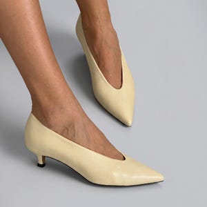 Yellow Leather Kitten Heel Pumps, Pointed Toe Dress Shoes, Elegant Low Heel Office Shoes for Women