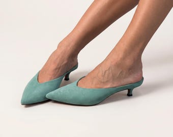 Green Suede Kitten Heel Pumps: Handmade Pointed Toe Elegant Footwear