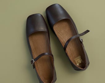Bruinleren Mary Jane-flats, minimalistische schoenen met vierkante neus, comfortabele ballerina's voor dames, handgemaakt schoeisel